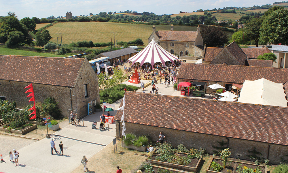 Aerial view of Durslade Farm buildings during Hauser & Wirth Somerset Summer Party, 2018