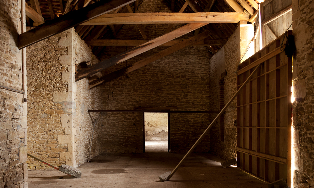 Inside the Threshing Barn, before renovation, 2012