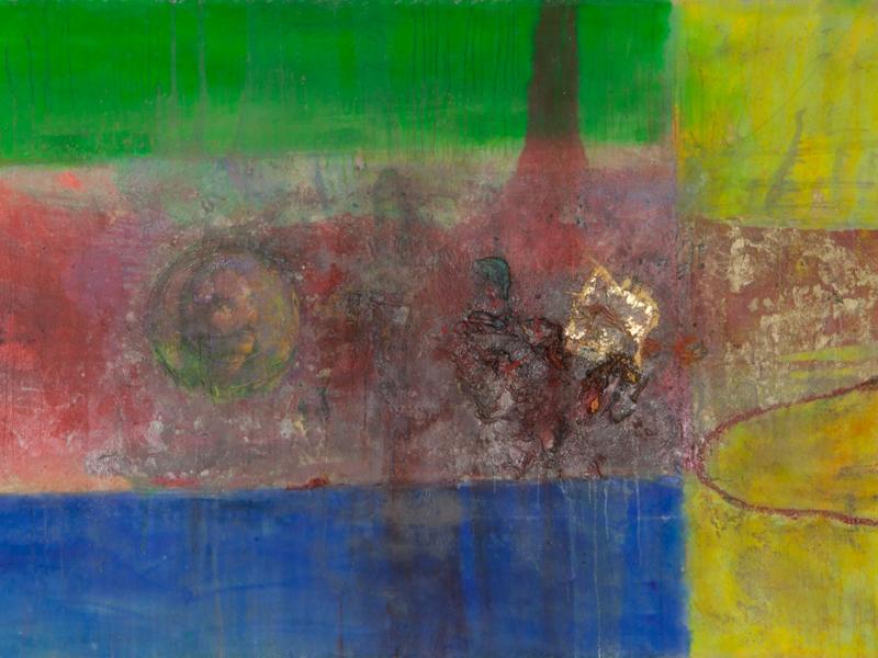 Frank Bowling, SSS, 2019, Acrylic and acrylic gel on canvas with marouflage, 139.7 x 251.5 x 6 cm. Courtesy the artist. © Frank Bowling. All Rights Reserved, DACS 2025.