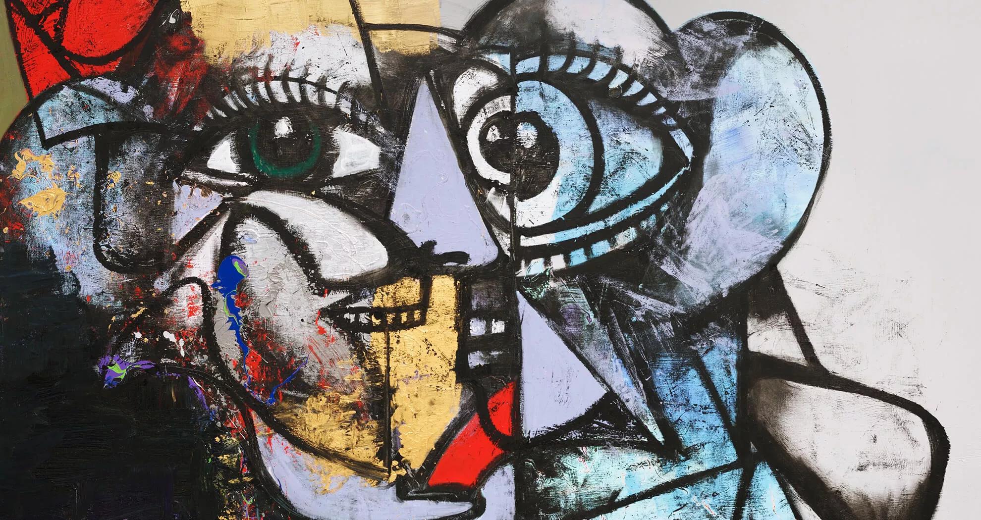 Image for exhibition titled ‘Paintings and works on paper are my interpretations of the abstract web humanity is caught up in... the polarization, no straight up and down, an endless saga of going one way or another, ending nowhere.’