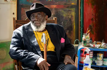 Thumbnail image for press titled Inside Frank Bowling’s colourful, homespun flat near Tate Britain