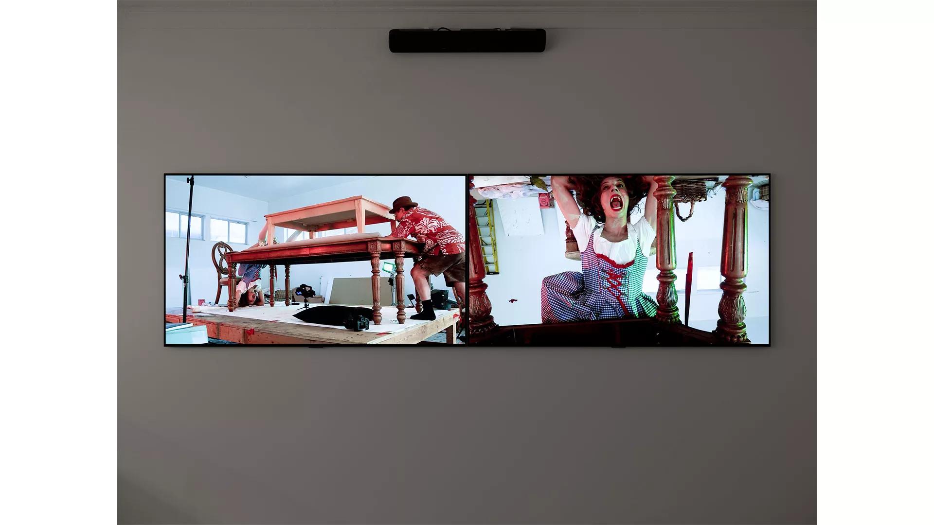 Thumbnail image for exhibition titled A&E, Table Stack, Santa Anita Session, 2 Channel<br>Paul McCarthy, Adolf Adam Lilith Stangenberg, Eva Eve
