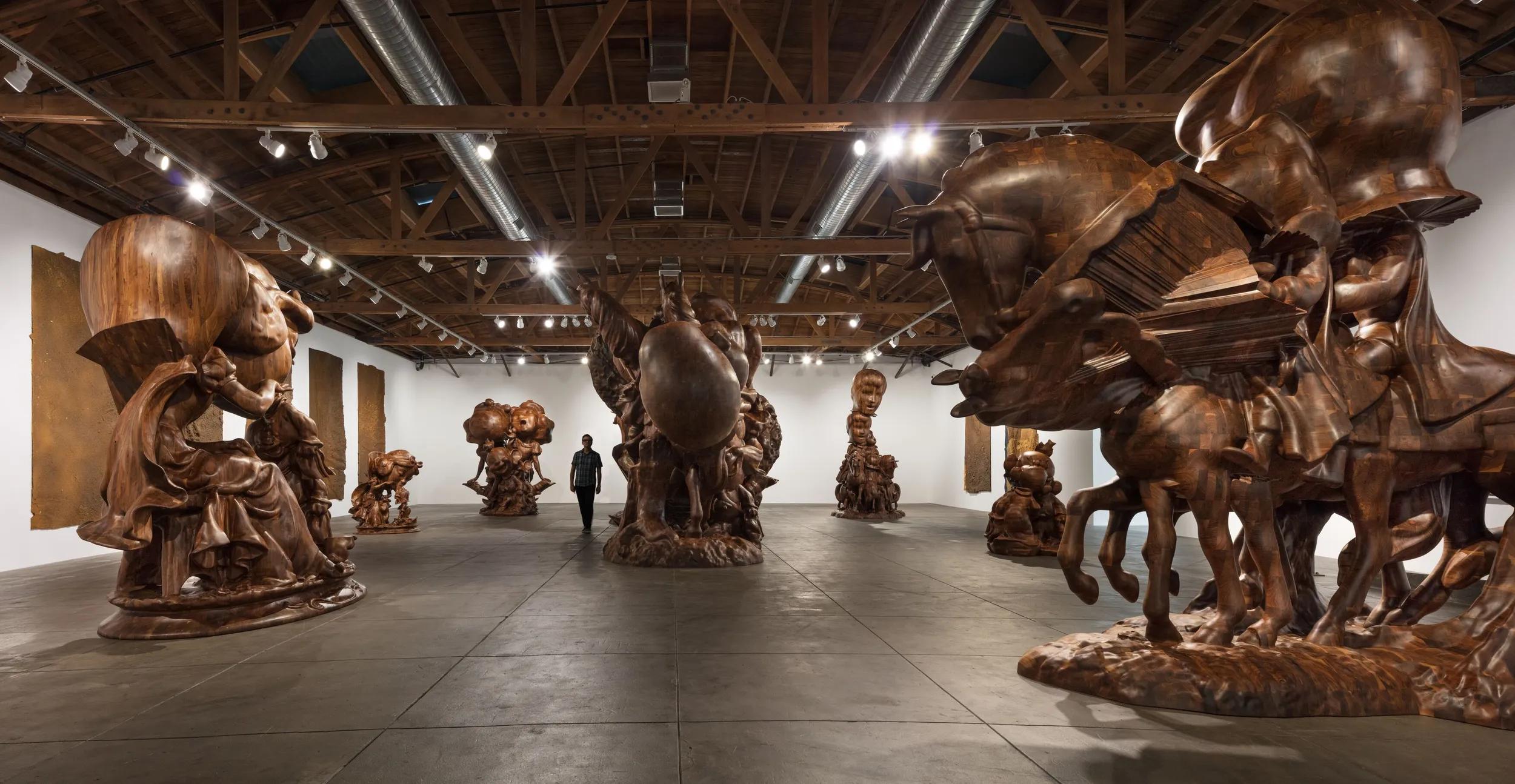 Installation view, ‘Paul McCarthy. WS Spinoffs, Wood Statues, Brown Rothkos,’ Hauser & Wirth Downtown Los Angeles, 2017. Photo: Fredrik Nilsen